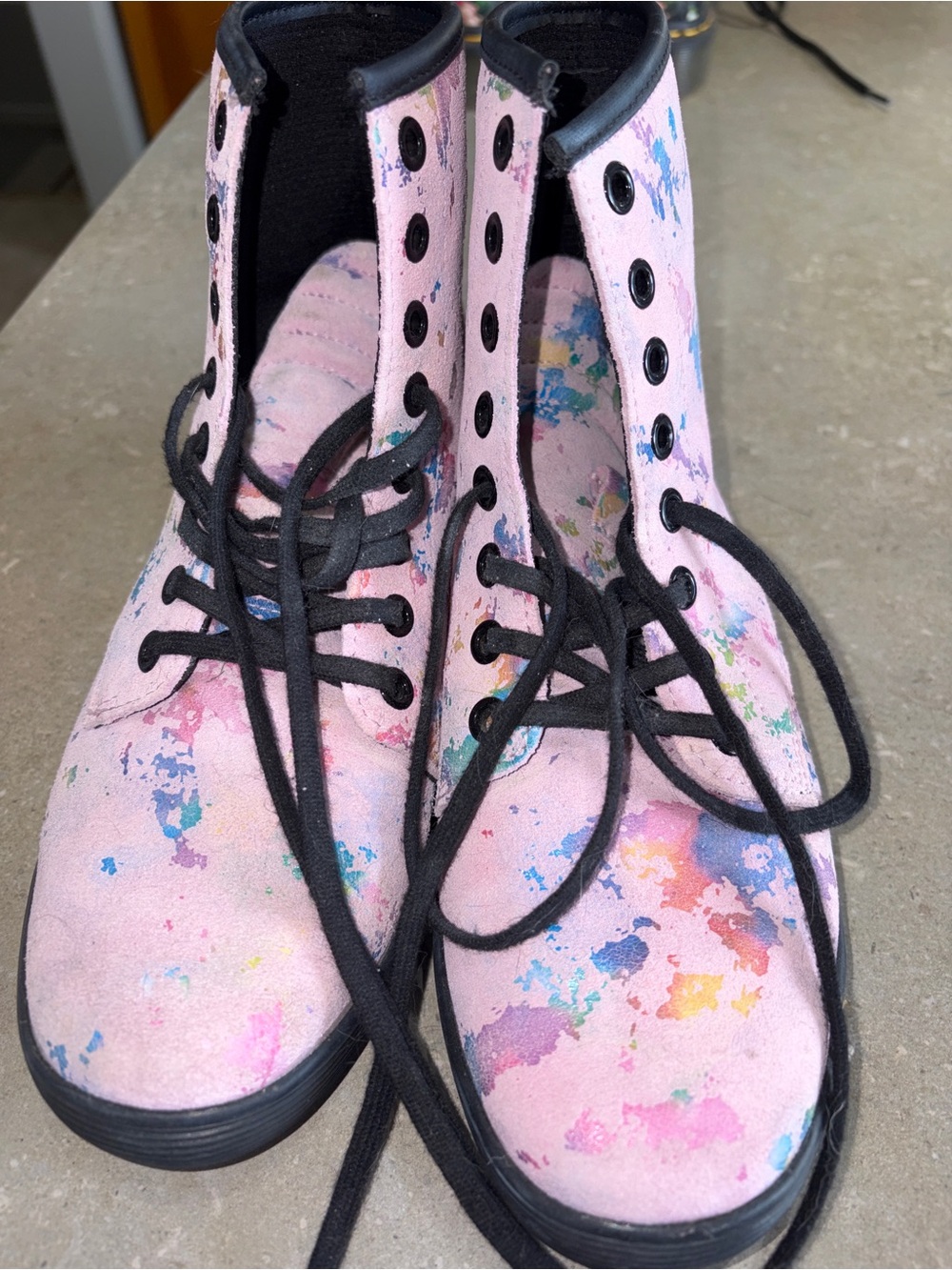 Dr. Martens Pink Paint-Splash Ankle Boots